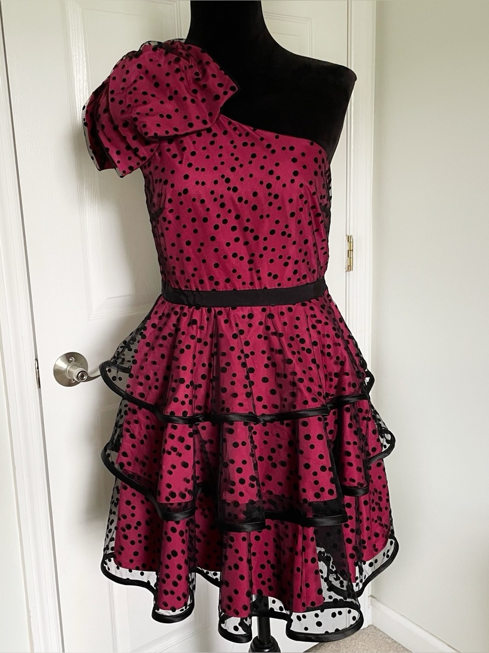 PEARL by Georgina Chapman Polka Dot One Shoulder Pink Mini Dress Size 6